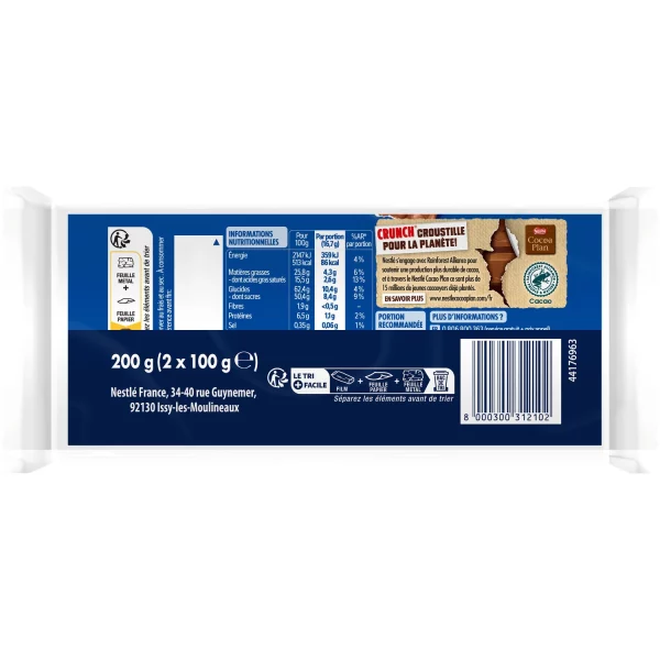 Tablette de chocolat au lait et céréales Crunch - 2x100g – Image 2